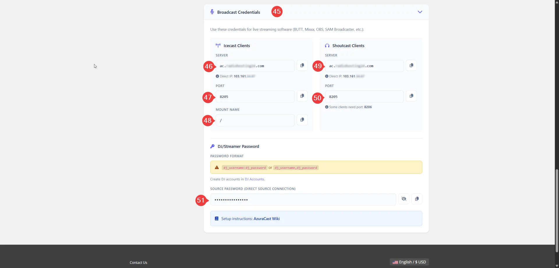 Broadcast credentials section with numbered annotations 45-51