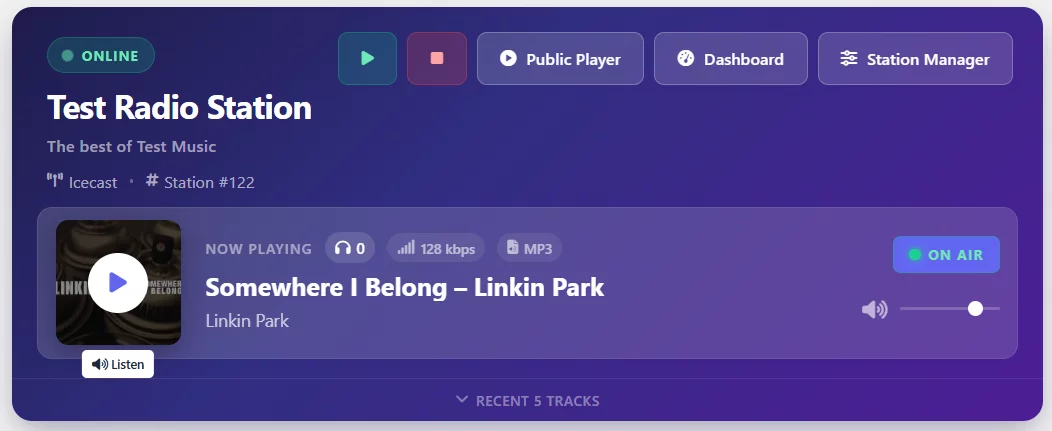 Close-up of the radio player hero banner with play controls and now playing information