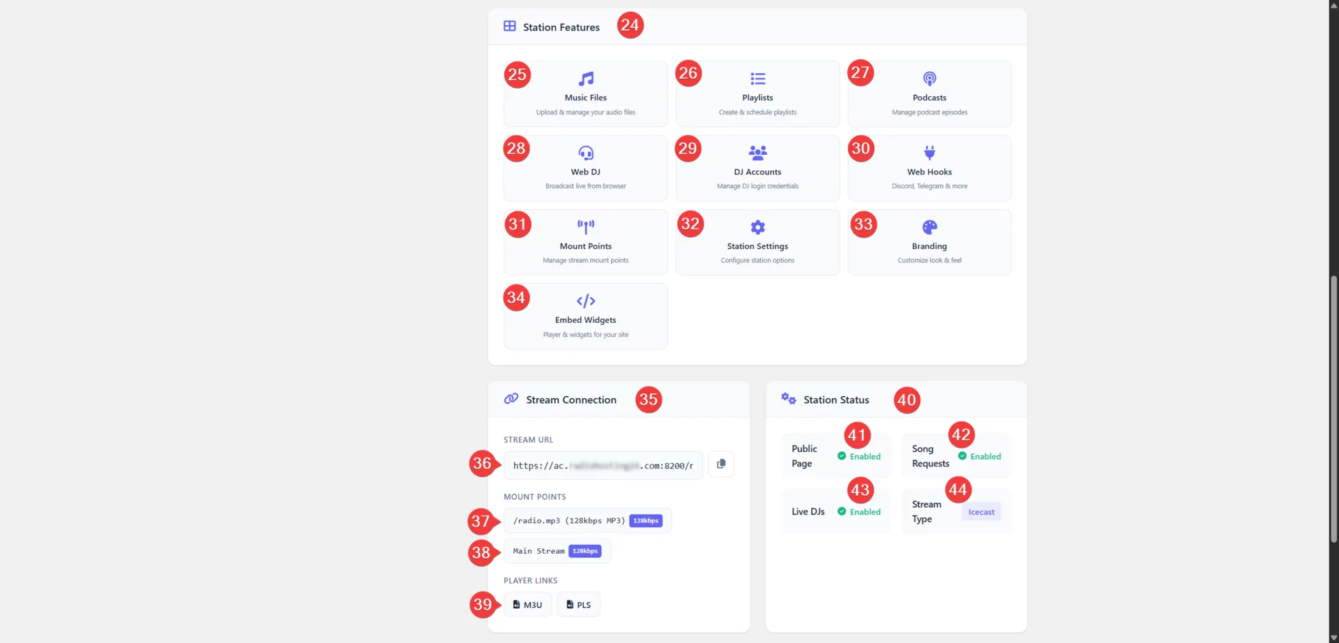 Client area station features grid with numbered annotations 24-44