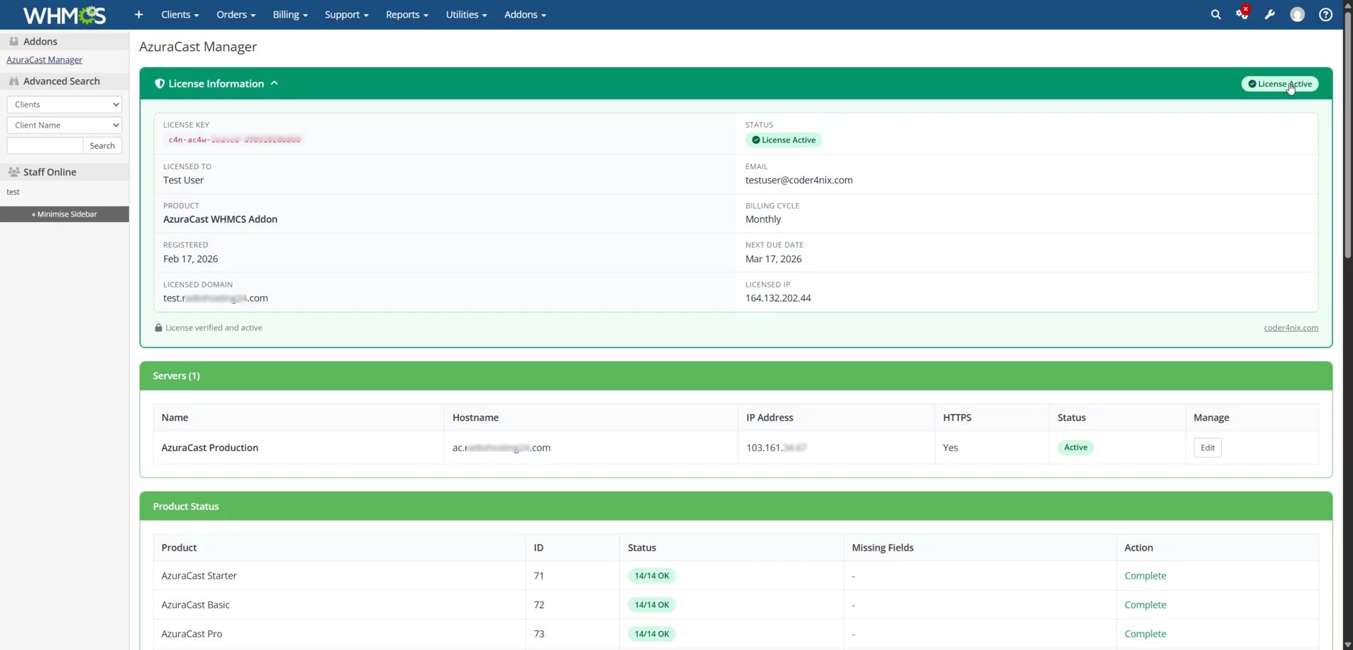 AzuraCast Manager dashboard showing license information, server configuration, and product status