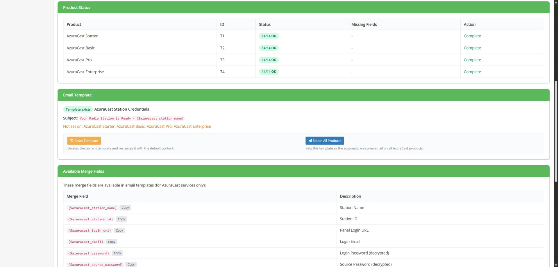 Dashboard product status showing all 4 products with complete custom field status