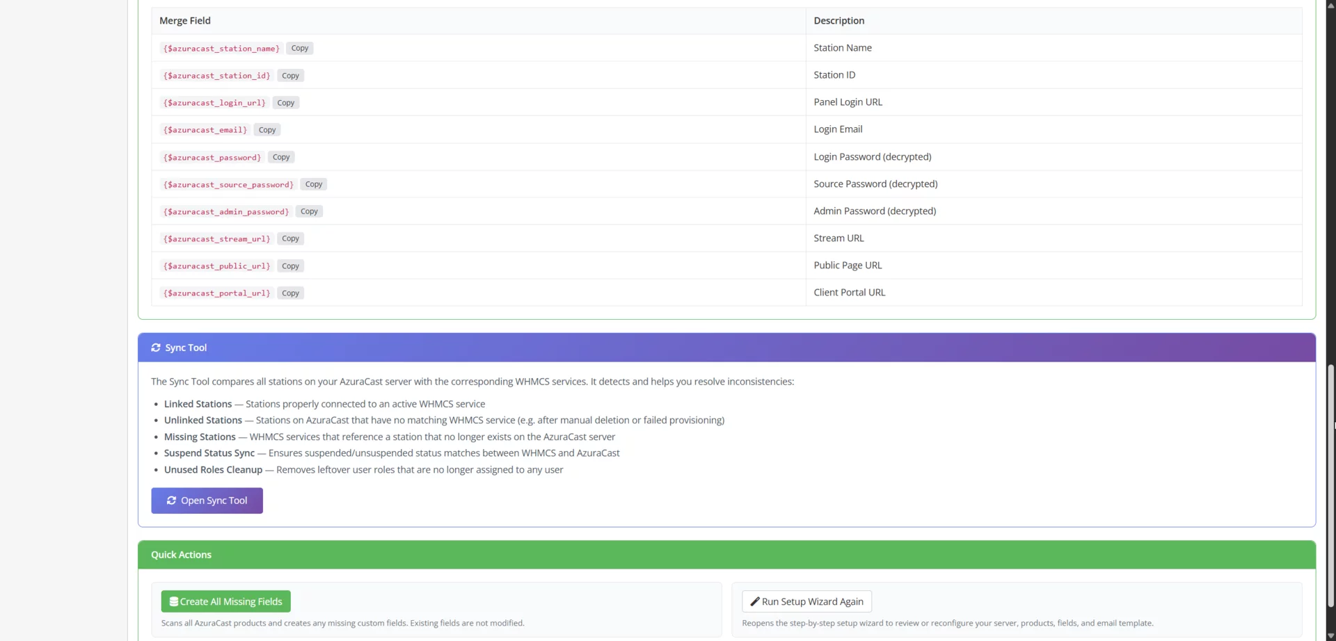Dashboard showing merge fields list, sync tool section, and quick actions