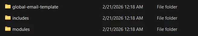 AzuraCast module folder contents showing includes, modules, and global-email-template directories