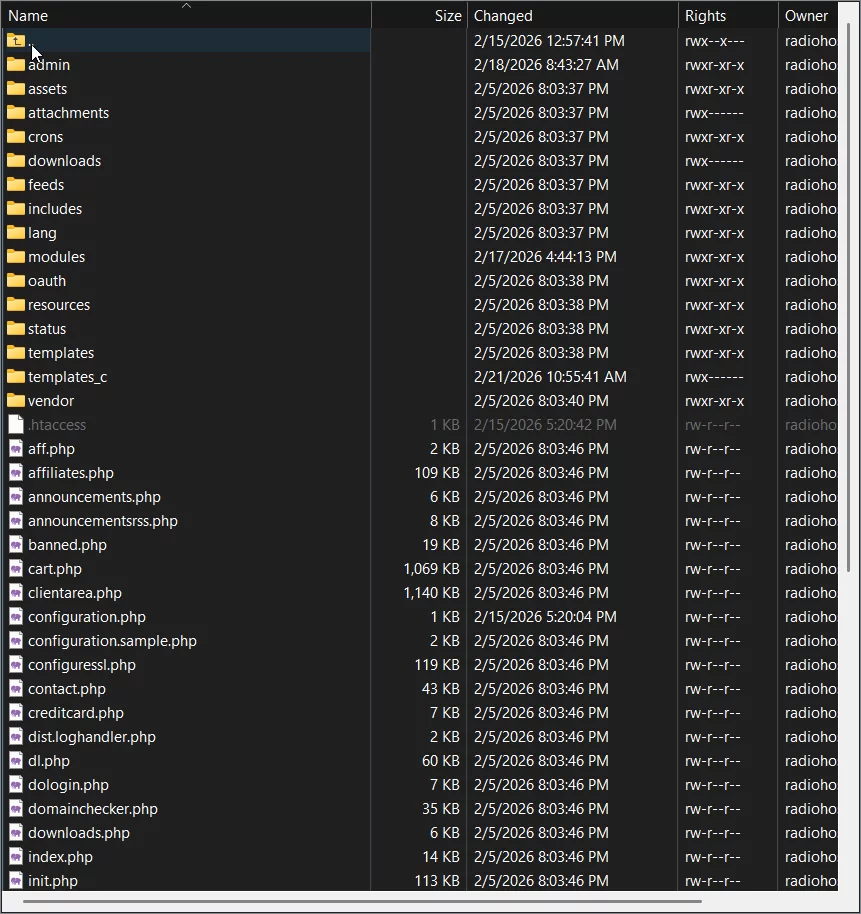 WHMCS root directory shown in FTP client with modules and includes folders