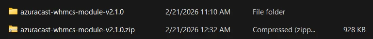 AzuraCast WHMCS Module ZIP file extracted showing the module folder