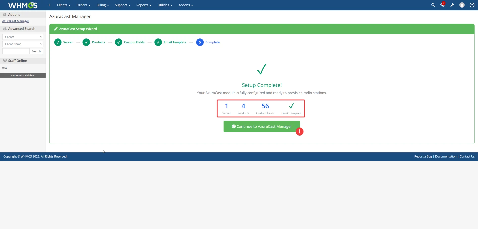 Setup Wizard completion screen showing summary of configured items