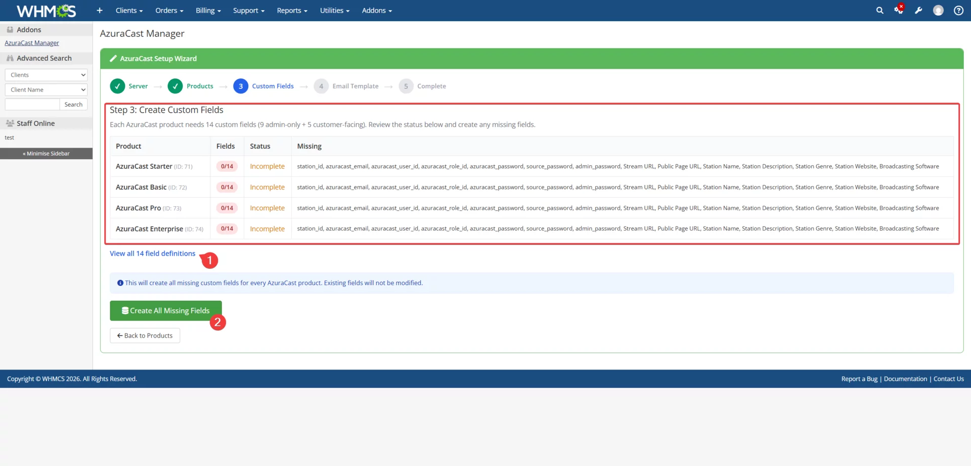 Setup Wizard Step 3 showing custom field status for all products