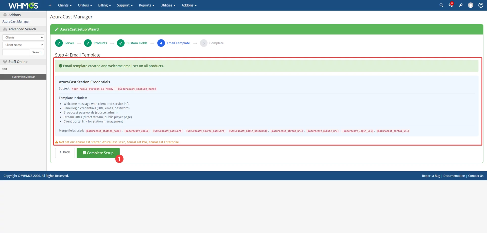 Setup Wizard Step 4 showing email template creation with merge fields