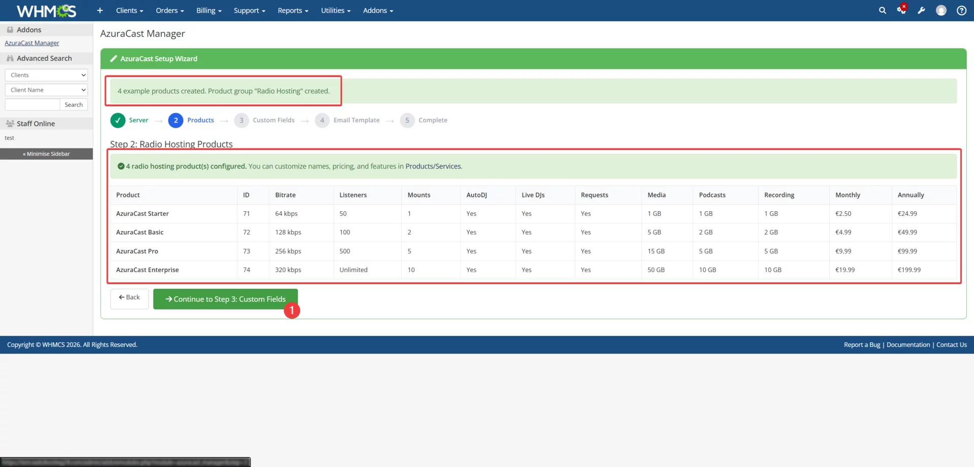 Products successfully created with WHMCS product IDs assigned