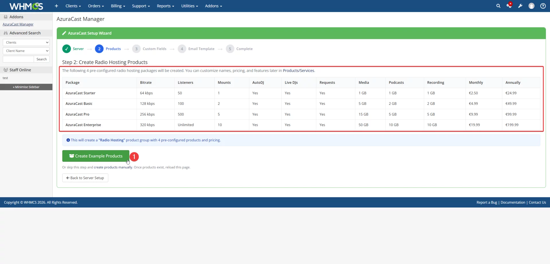 Setup Wizard Step 2 showing preview of 4 radio hosting products to be created