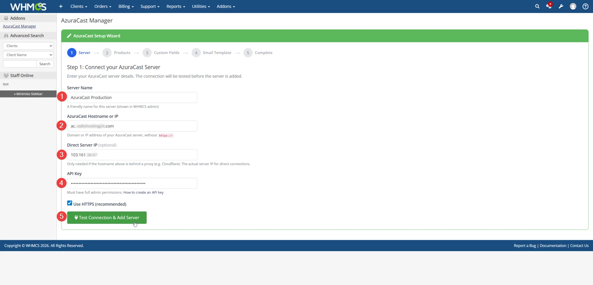 Setup Wizard Step 1 showing server connection form with hostname, IP, and API key fields