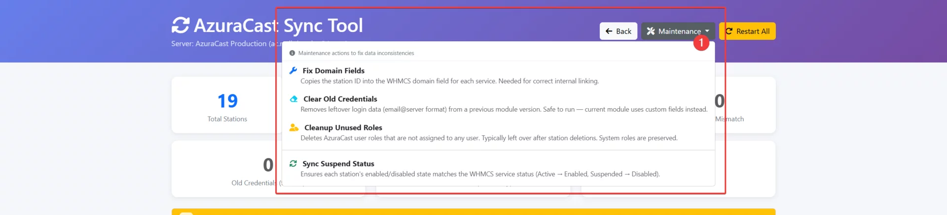 Sync Tool maintenance dropdown showing Fix Domain Fields, Clear Old Credentials, Cleanup Unused Roles, and Sync Suspend Status options
