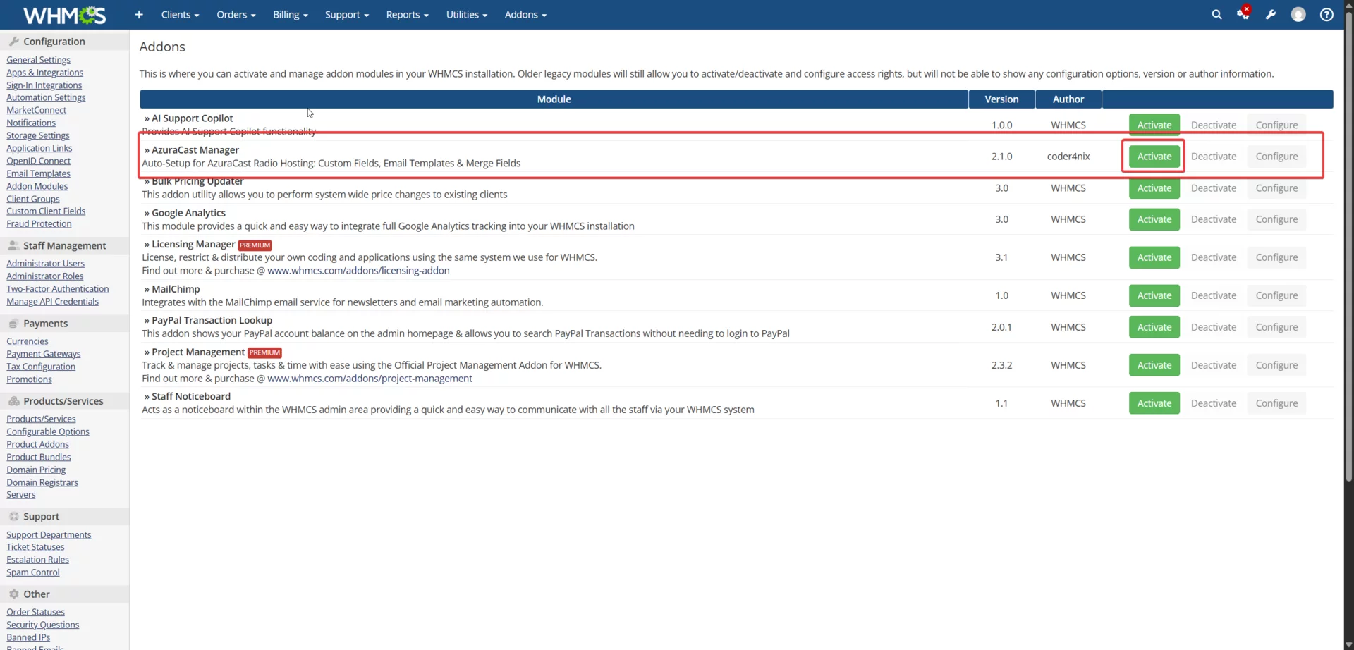 WHMCS addon modules list with AzuraCast Manager activate button highlighted