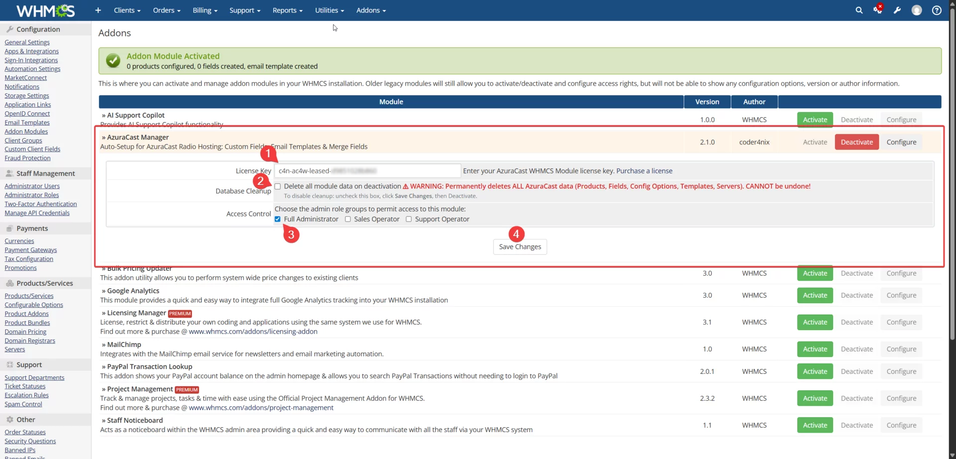 AzuraCast Manager configuration with license key field and access control options