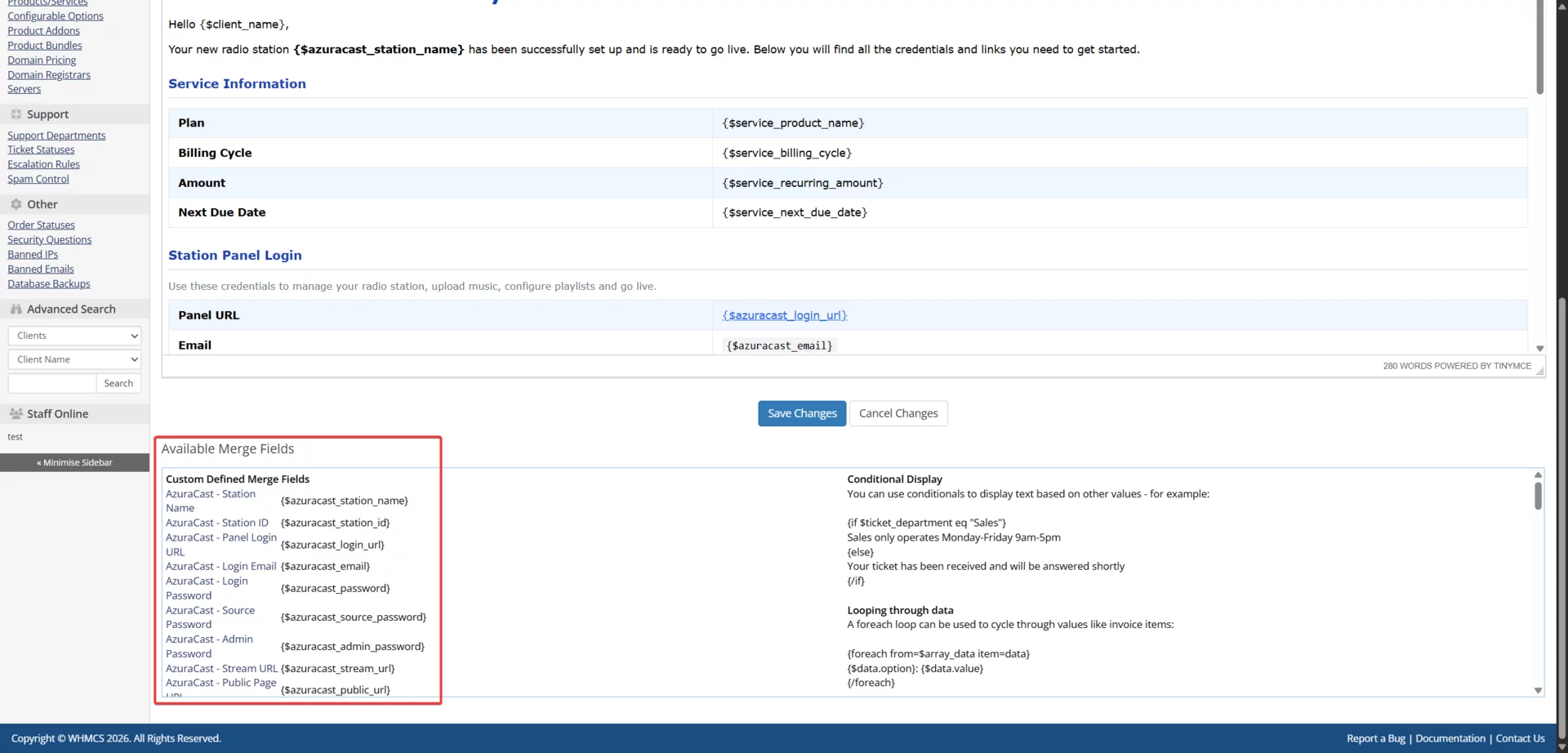 Email template editor showing available AzuraCast merge fields panel