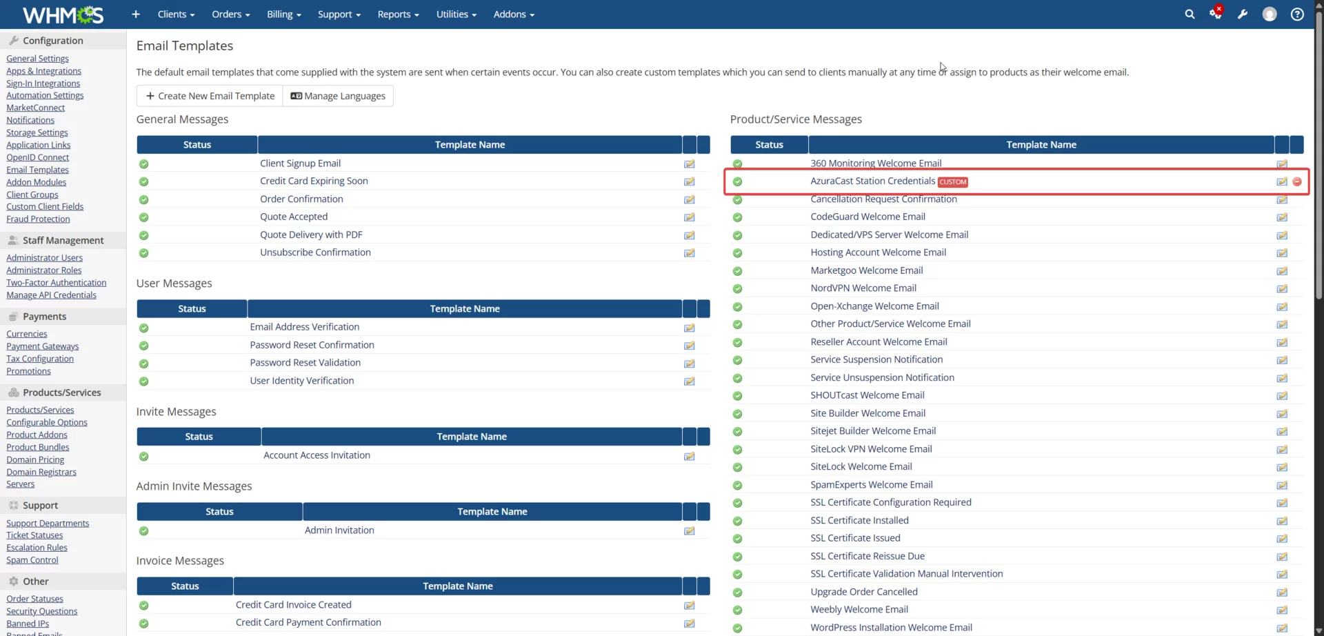 WHMCS Email Templates page with AzuraCast Station Credentials template highlighted