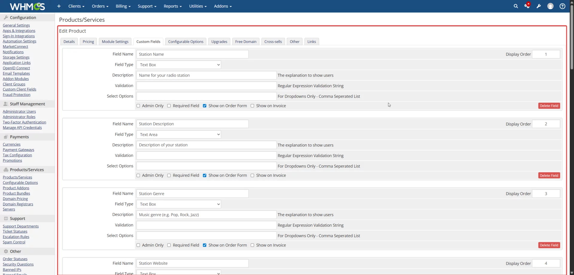 Product Custom Fields tab showing customer-facing fields for the order form