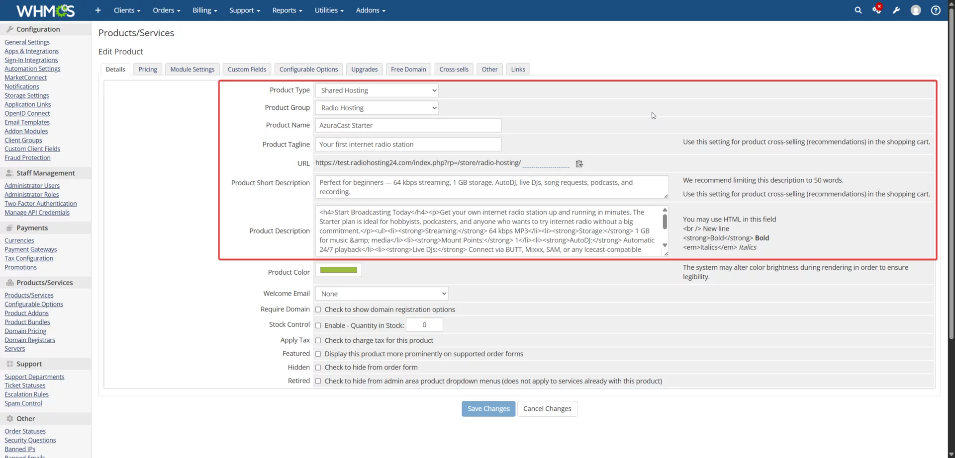 Product Details tab showing product name, description, tagline, and configuration options