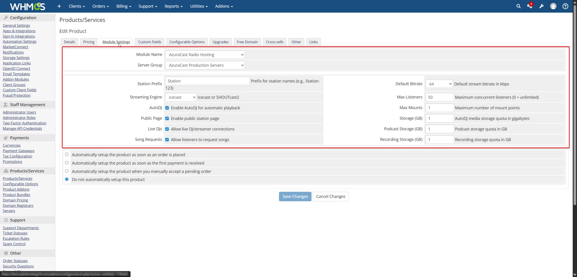 Product Module Settings tab showing all 12 AzuraCast configuration options