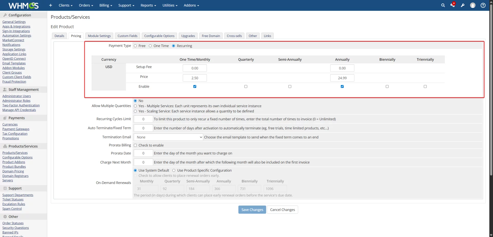 Product Pricing tab showing monthly and annual pricing configuration
