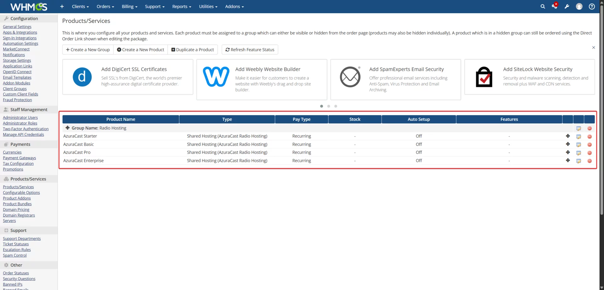 WHMCS Products/Services page showing Radio Hosting product group with 4 AzuraCast products