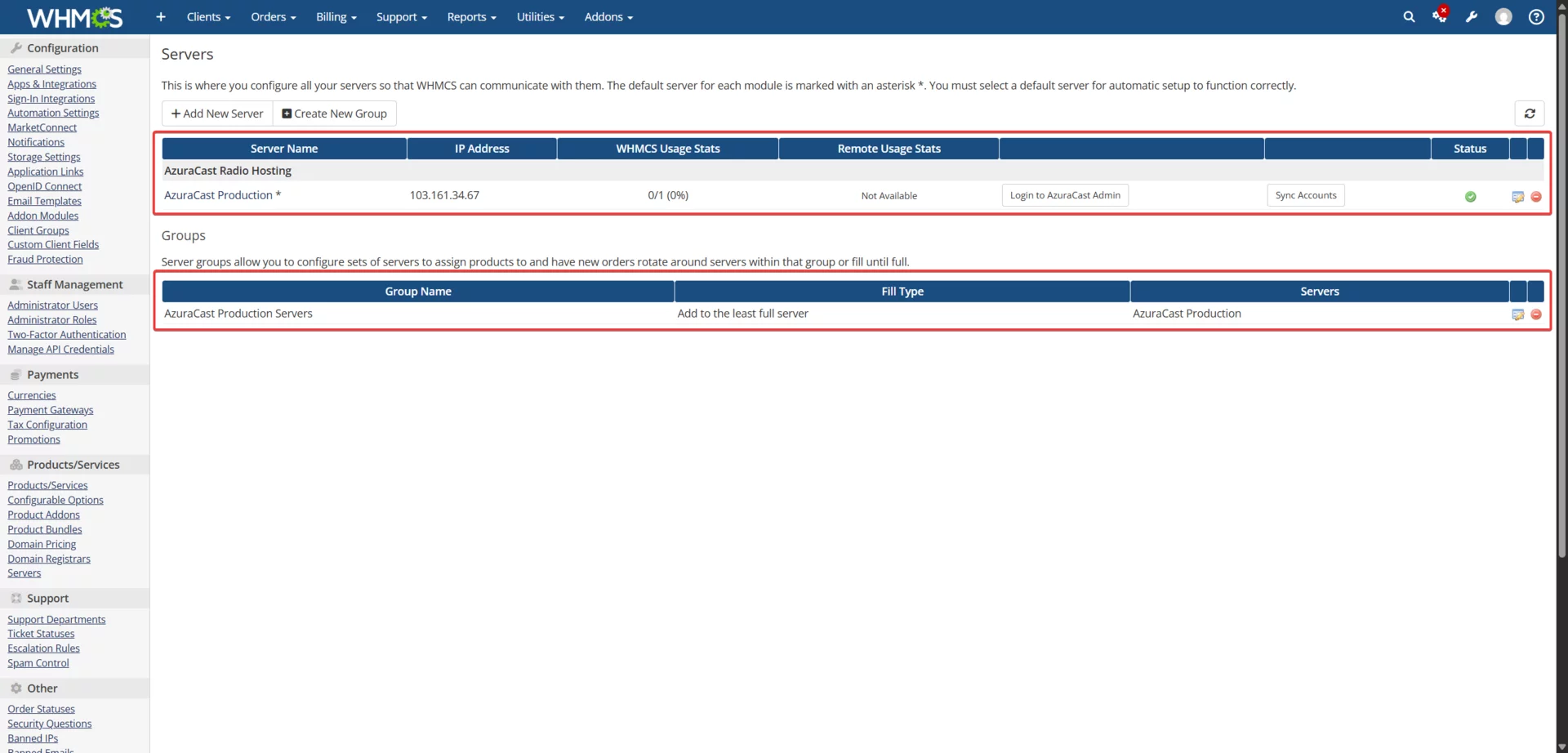 WHMCS Servers page showing AzuraCast server and server group configuration