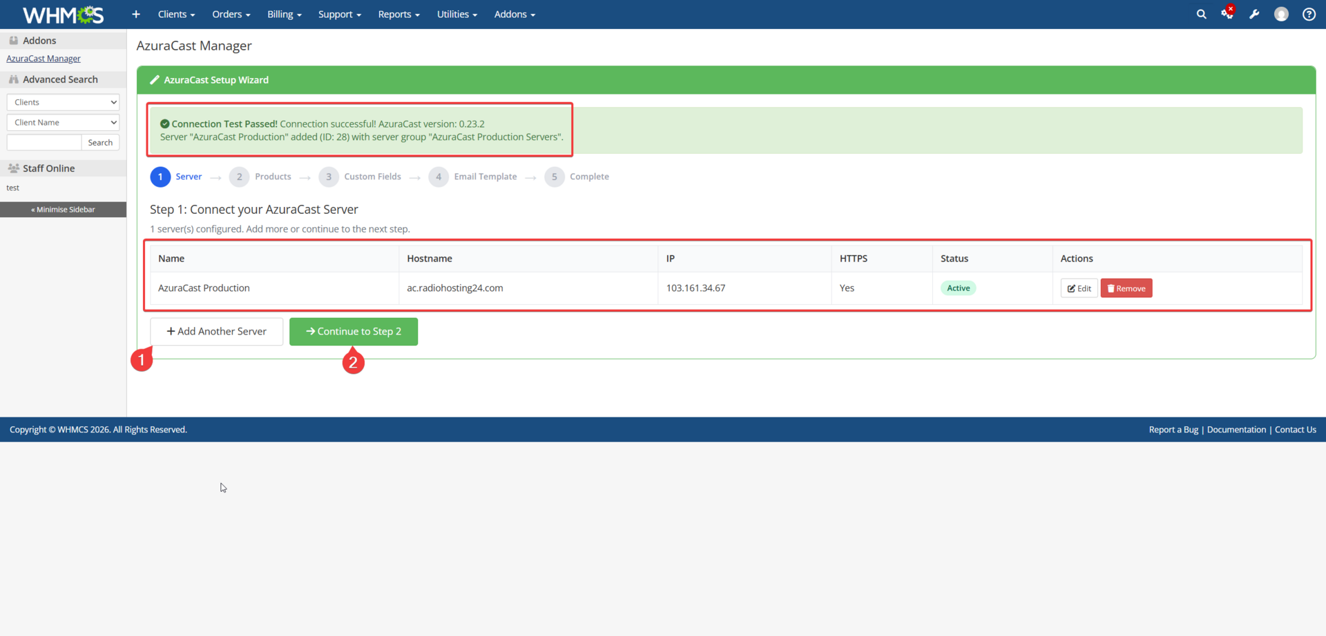 Setup Wizard Step 1 — Server Connection