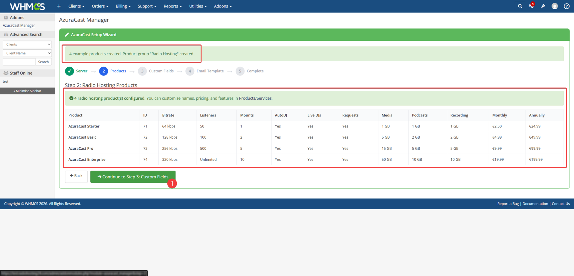 Setup Wizard Step 2 — Products and Pricing