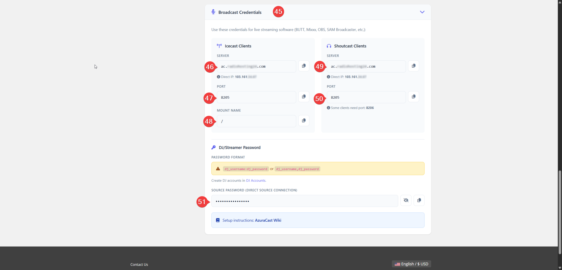 Broadcast Credentials for Icecast and SHOUTcast